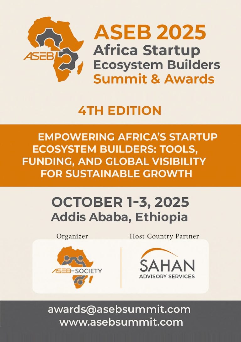 Official poster for ASEB 2025 Africa Startup Ecosystem Builders Summit & Awards, 4th Edition, October 1-3 in Addis Ababa, Ethiopia. Features theme on empowering ecosystem builders with tools, funding, and visibility. Organized by ASEB Society and Sahan Advisory Services.