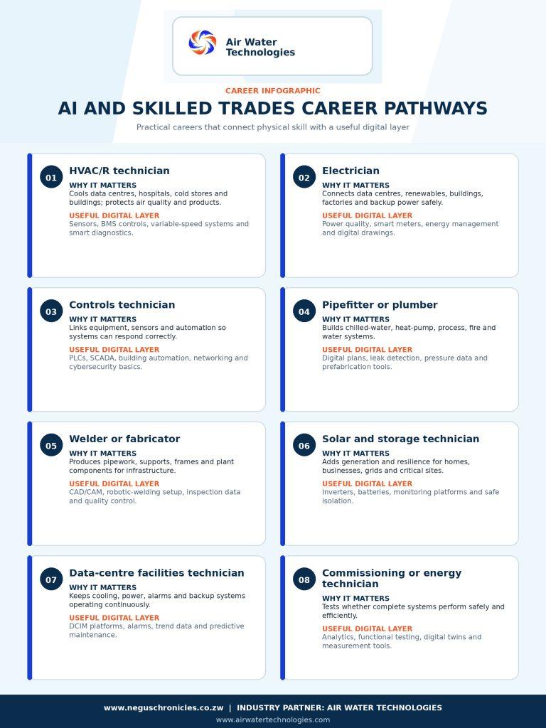 Air Water Technologies infographic showing eight AI and skilled trades career pathways and the digital tools used in each role.